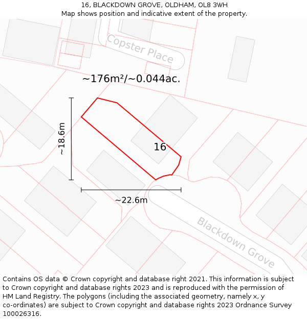 16, BLACKDOWN GROVE, OLDHAM, OL8 3WH: Plot and title map