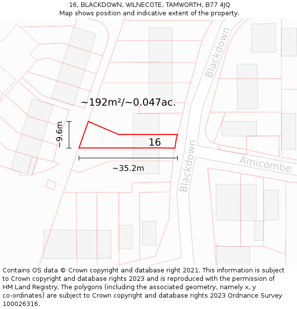 16, BLACKDOWN, WILNECOTE, TAMWORTH, B77 4JQ: Plot and title map