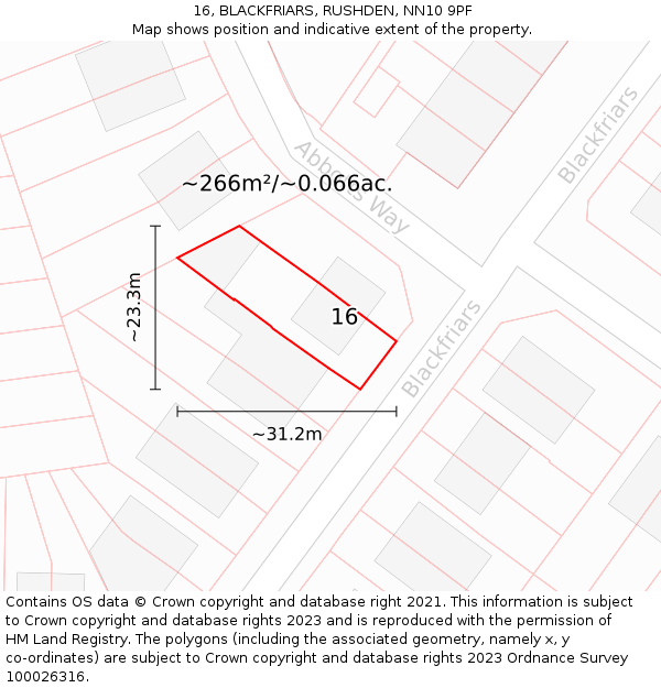 16, BLACKFRIARS, RUSHDEN, NN10 9PF: Plot and title map