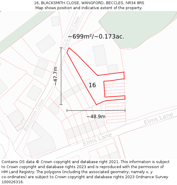 16, BLACKSMITH CLOSE, WANGFORD, BECCLES, NR34 8RS: Plot and title map