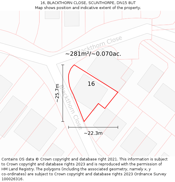 16, BLACKTHORN CLOSE, SCUNTHORPE, DN15 8UT: Plot and title map