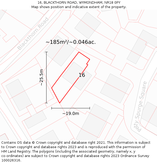16, BLACKTHORN ROAD, WYMONDHAM, NR18 0PY: Plot and title map