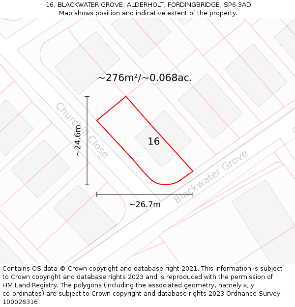 16, BLACKWATER GROVE, ALDERHOLT, FORDINGBRIDGE, SP6 3AD: Plot and title map