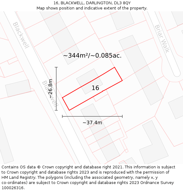 16, BLACKWELL, DARLINGTON, DL3 8QY: Plot and title map