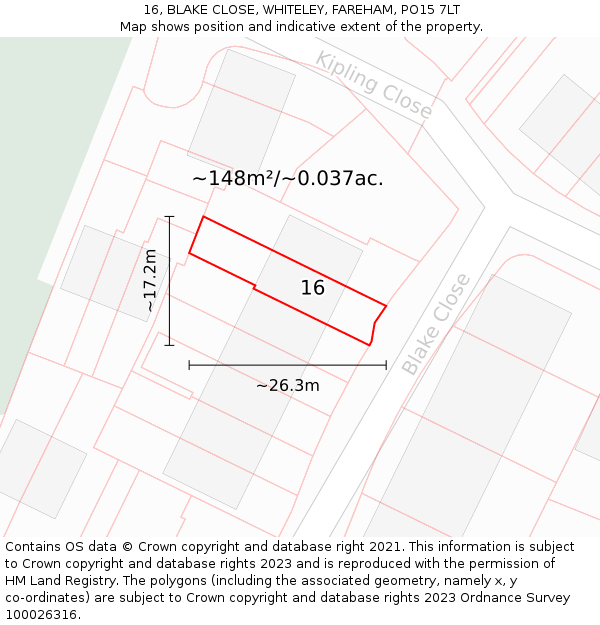 16, BLAKE CLOSE, WHITELEY, FAREHAM, PO15 7LT: Plot and title map