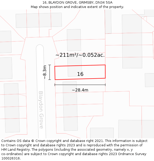 16, BLAYDON GROVE, GRIMSBY, DN34 5SA: Plot and title map