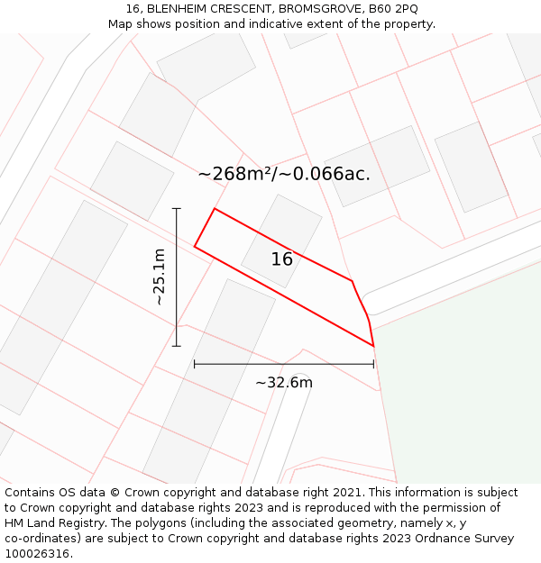 16, BLENHEIM CRESCENT, BROMSGROVE, B60 2PQ: Plot and title map