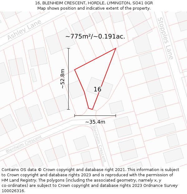 16, BLENHEIM CRESCENT, HORDLE, LYMINGTON, SO41 0GR: Plot and title map