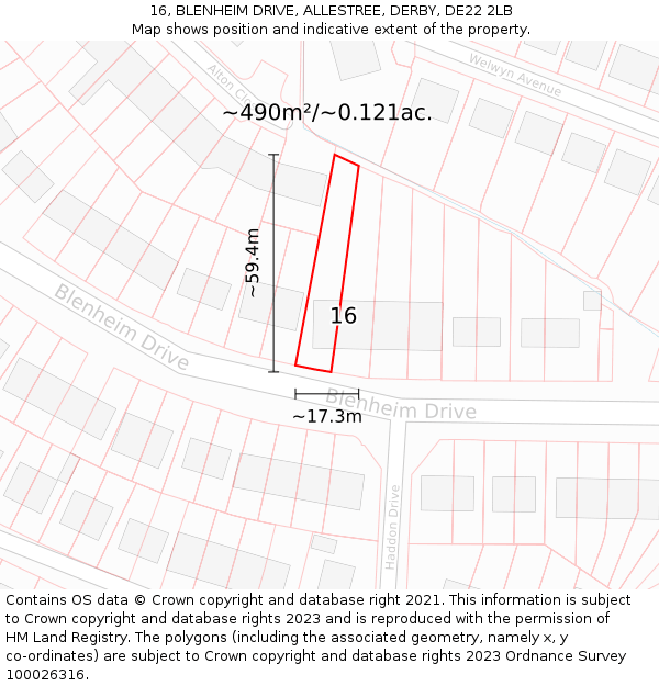 16, BLENHEIM DRIVE, ALLESTREE, DERBY, DE22 2LB: Plot and title map