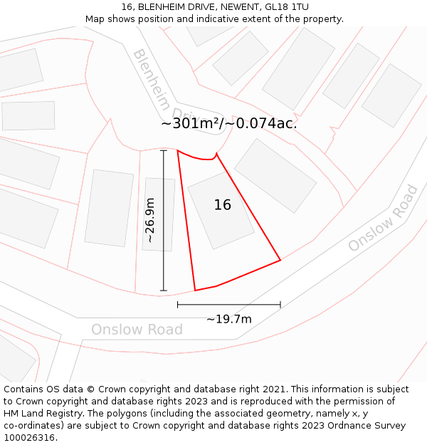 16, BLENHEIM DRIVE, NEWENT, GL18 1TU: Plot and title map