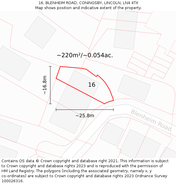 16, BLENHEIM ROAD, CONINGSBY, LINCOLN, LN4 4TX: Plot and title map