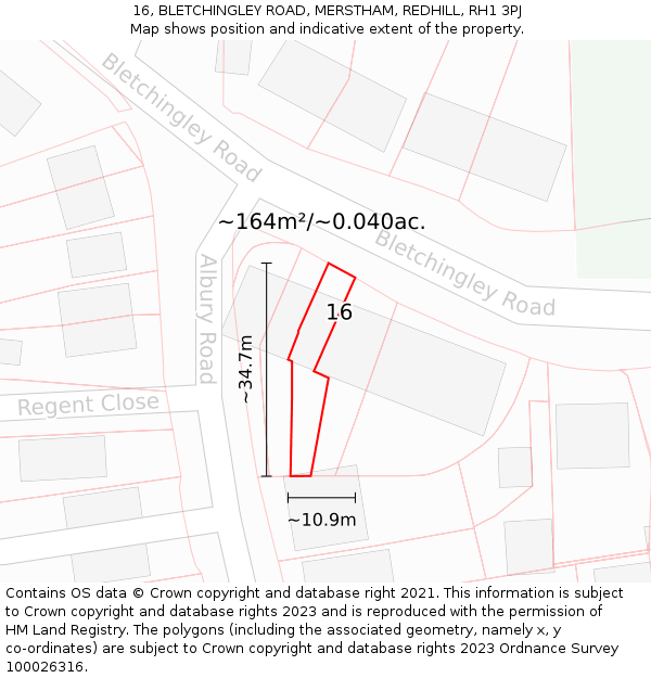 16, BLETCHINGLEY ROAD, MERSTHAM, REDHILL, RH1 3PJ: Plot and title map