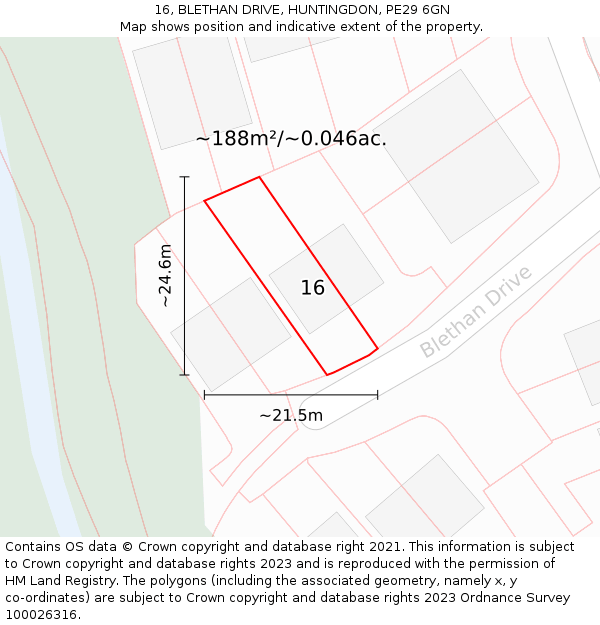 16, BLETHAN DRIVE, HUNTINGDON, PE29 6GN: Plot and title map