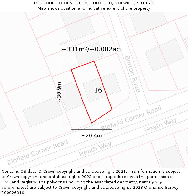 16, BLOFIELD CORNER ROAD, BLOFIELD, NORWICH, NR13 4RT: Plot and title map