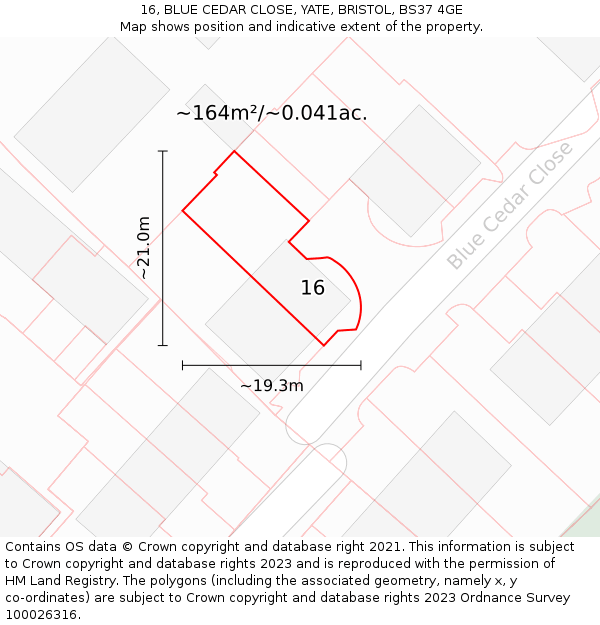 16, BLUE CEDAR CLOSE, YATE, BRISTOL, BS37 4GE: Plot and title map