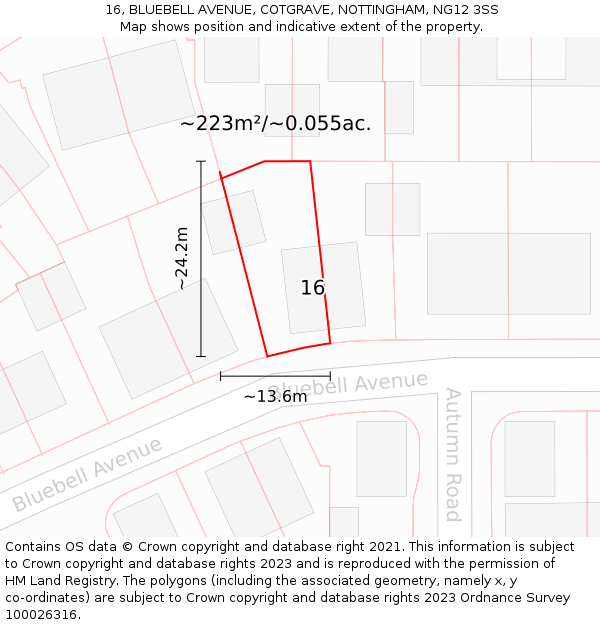16, BLUEBELL AVENUE, COTGRAVE, NOTTINGHAM, NG12 3SS: Plot and title map