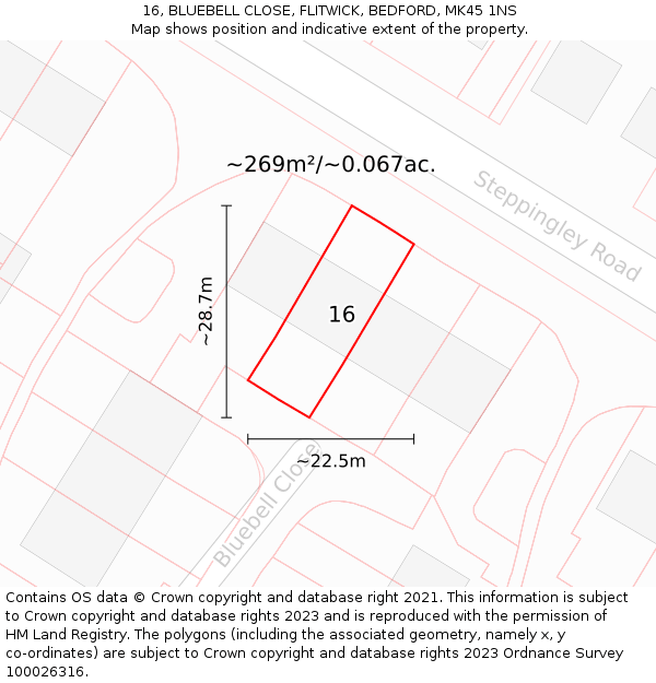 16, BLUEBELL CLOSE, FLITWICK, BEDFORD, MK45 1NS: Plot and title map