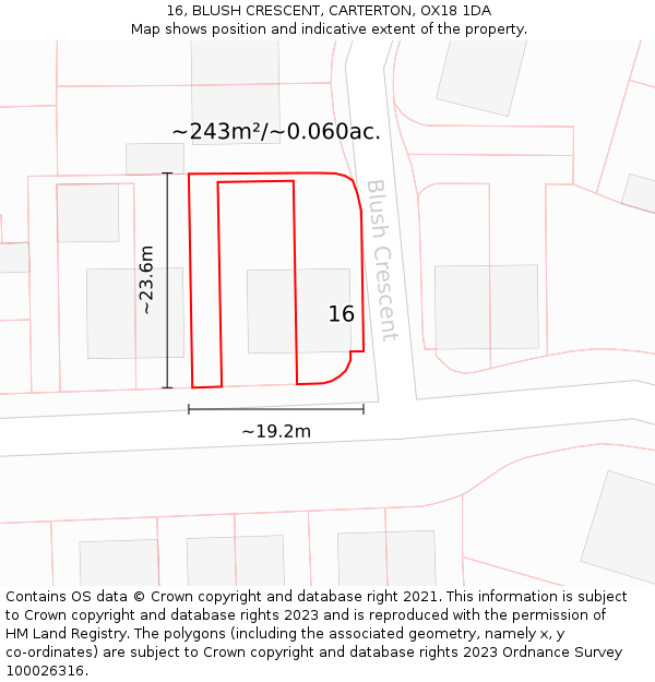 16, BLUSH CRESCENT, CARTERTON, OX18 1DA: Plot and title map