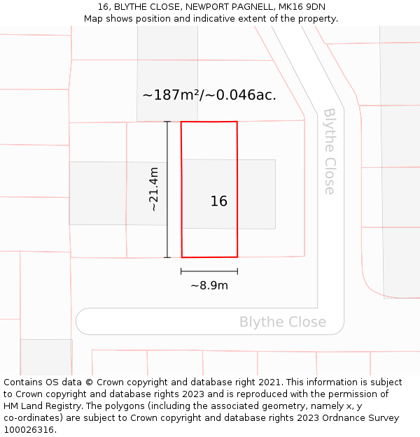 16, BLYTHE CLOSE, NEWPORT PAGNELL, MK16 9DN: Plot and title map