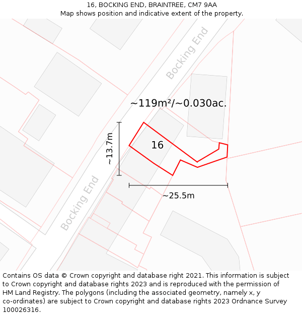 16, BOCKING END, BRAINTREE, CM7 9AA: Plot and title map