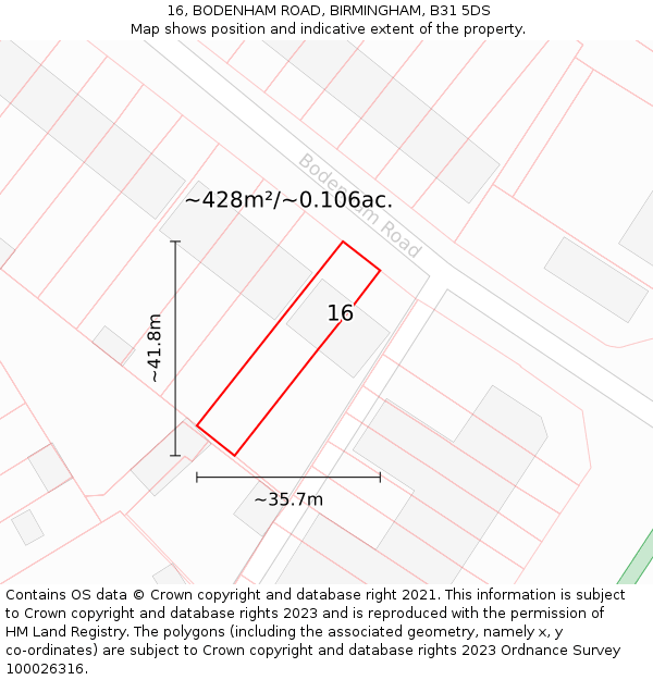 16, BODENHAM ROAD, BIRMINGHAM, B31 5DS: Plot and title map