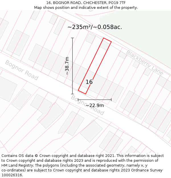 16, BOGNOR ROAD, CHICHESTER, PO19 7TF: Plot and title map