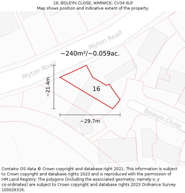 16, BOLEYN CLOSE, WARWICK, CV34 6LP: Plot and title map