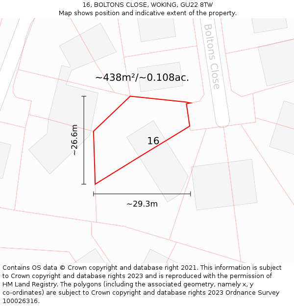 16, BOLTONS CLOSE, WOKING, GU22 8TW: Plot and title map