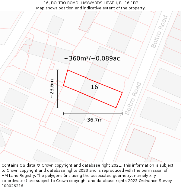 16, BOLTRO ROAD, HAYWARDS HEATH, RH16 1BB: Plot and title map