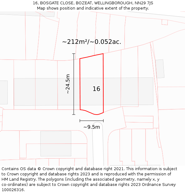 16, BOSGATE CLOSE, BOZEAT, WELLINGBOROUGH, NN29 7JS: Plot and title map