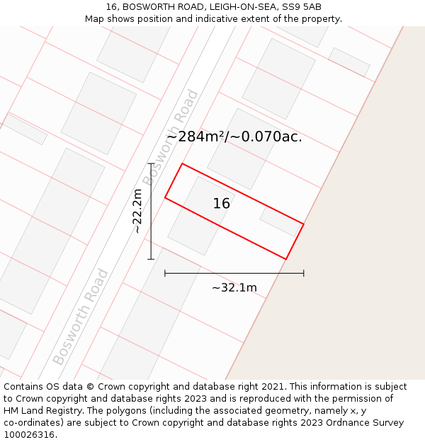 16, BOSWORTH ROAD, LEIGH-ON-SEA, SS9 5AB: Plot and title map