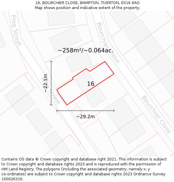 16, BOURCHIER CLOSE, BAMPTON, TIVERTON, EX16 9AG: Plot and title map