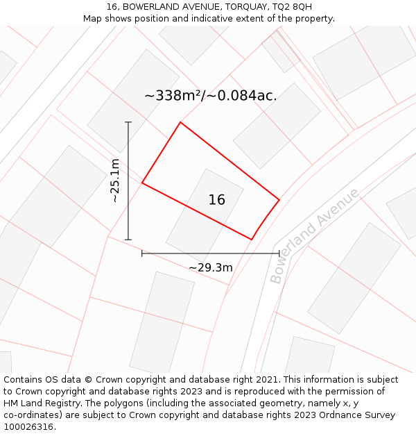 16, BOWERLAND AVENUE, TORQUAY, TQ2 8QH: Plot and title map