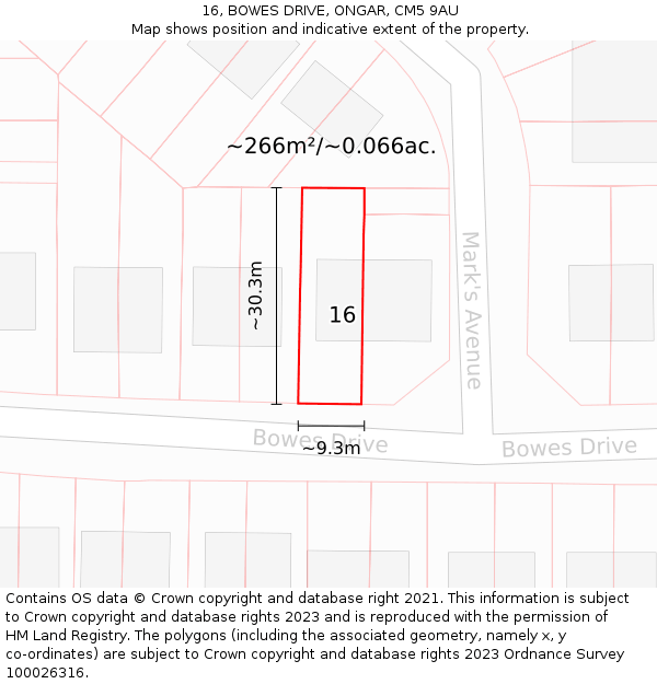 16, BOWES DRIVE, ONGAR, CM5 9AU: Plot and title map