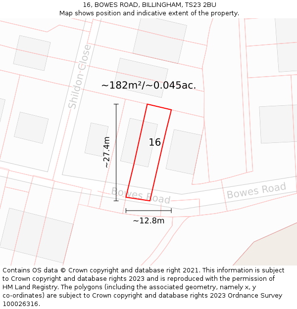 16, BOWES ROAD, BILLINGHAM, TS23 2BU: Plot and title map