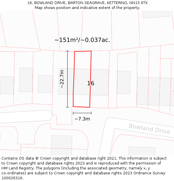 16, BOWLAND DRIVE, BARTON SEAGRAVE, KETTERING, NN15 6TX: Plot and title map