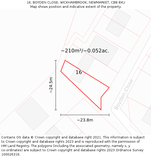 16, BOYDEN CLOSE, WICKHAMBROOK, NEWMARKET, CB8 8XU: Plot and title map