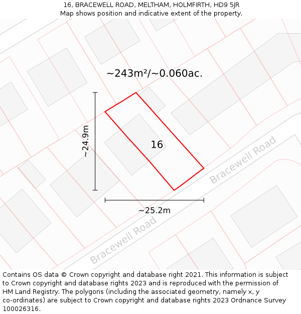 16, BRACEWELL ROAD, MELTHAM, HOLMFIRTH, HD9 5JR: Plot and title map