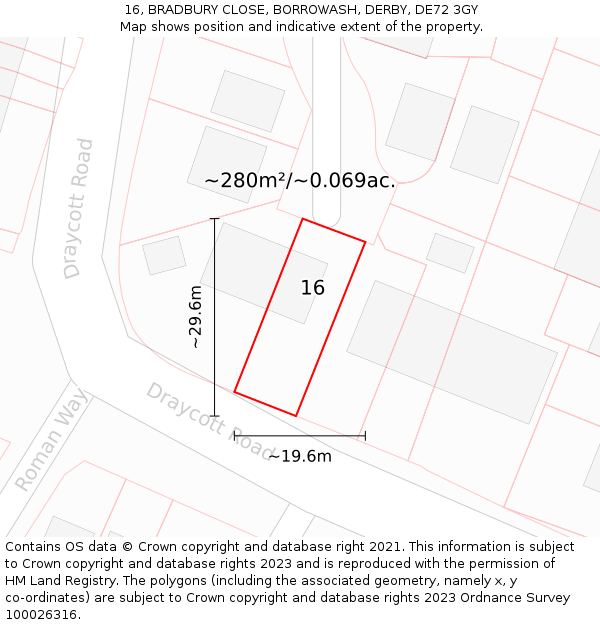 16, BRADBURY CLOSE, BORROWASH, DERBY, DE72 3GY: Plot and title map
