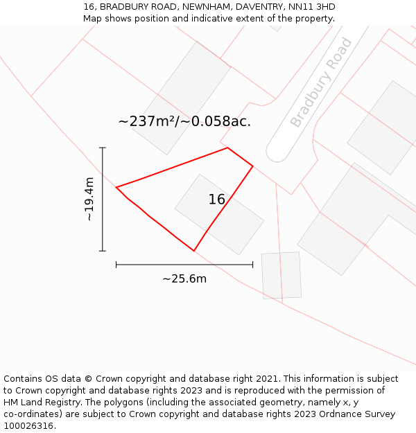 16, BRADBURY ROAD, NEWNHAM, DAVENTRY, NN11 3HD: Plot and title map