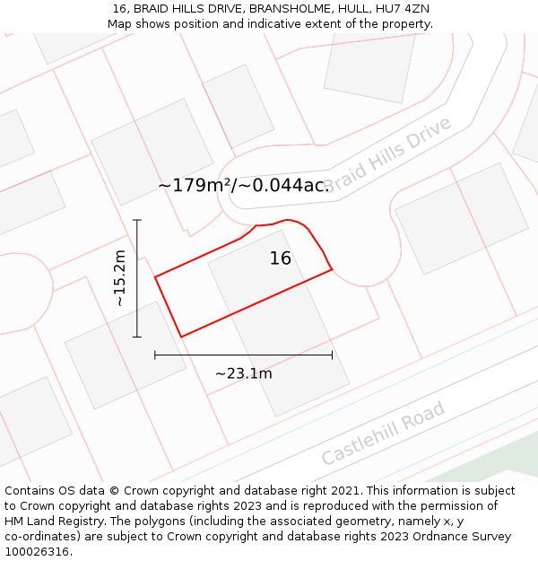 16, BRAID HILLS DRIVE, BRANSHOLME, HULL, HU7 4ZN: Plot and title map