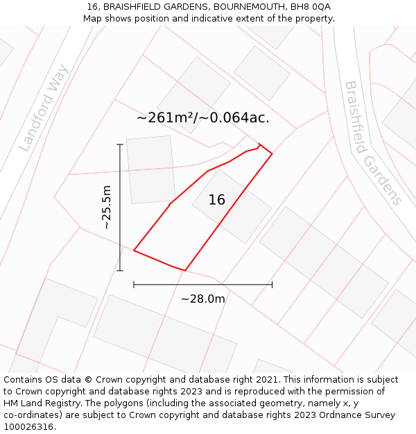 16, BRAISHFIELD GARDENS, BOURNEMOUTH, BH8 0QA: Plot and title map
