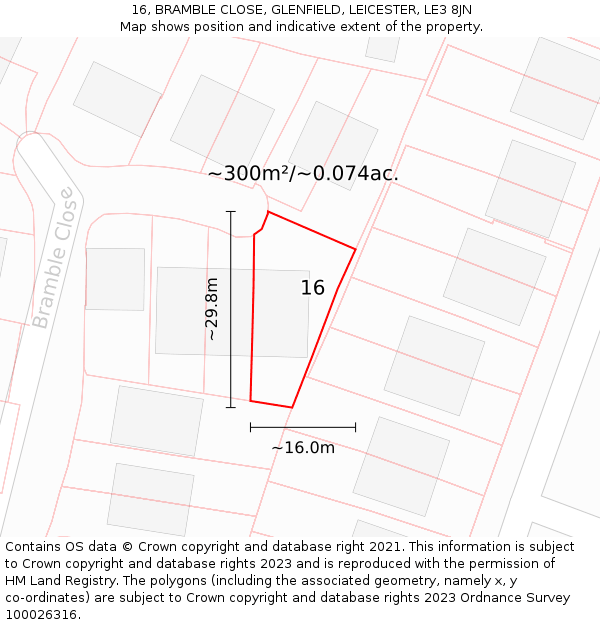 16, BRAMBLE CLOSE, GLENFIELD, LEICESTER, LE3 8JN: Plot and title map