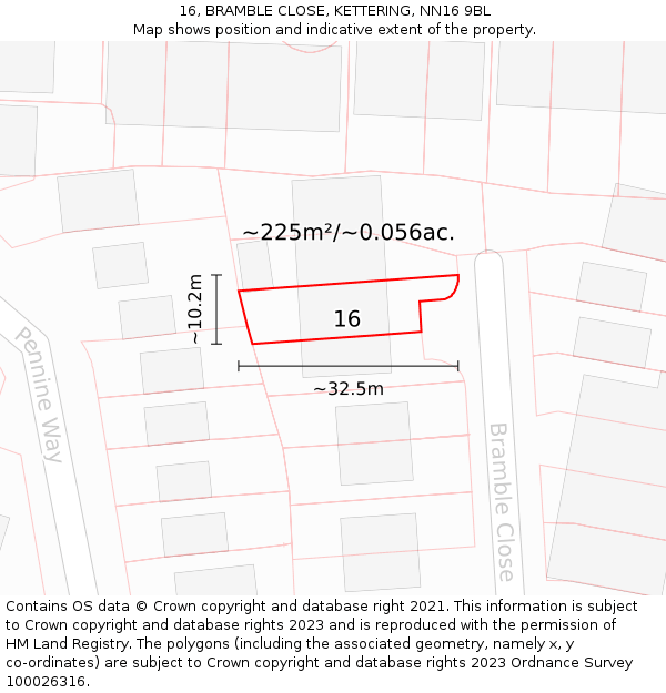 16, BRAMBLE CLOSE, KETTERING, NN16 9BL: Plot and title map