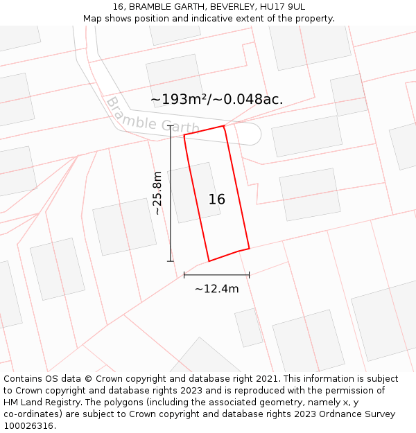 16, BRAMBLE GARTH, BEVERLEY, HU17 9UL: Plot and title map