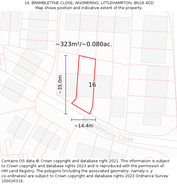 16, BRAMBLETYNE CLOSE, ANGMERING, LITTLEHAMPTON, BN16 4DD: Plot and title map