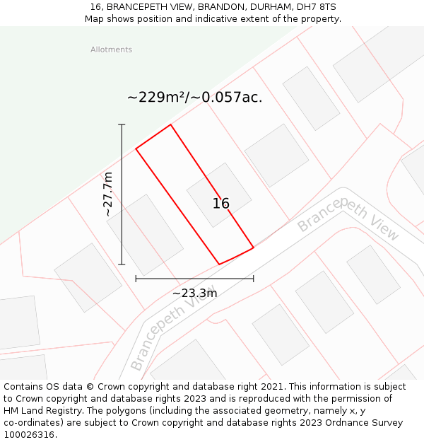 16, BRANCEPETH VIEW, BRANDON, DURHAM, DH7 8TS: Plot and title map