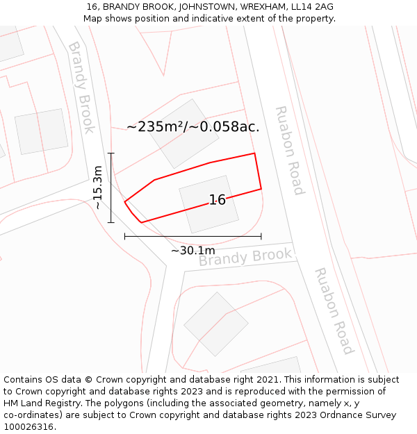 16, BRANDY BROOK, JOHNSTOWN, WREXHAM, LL14 2AG: Plot and title map