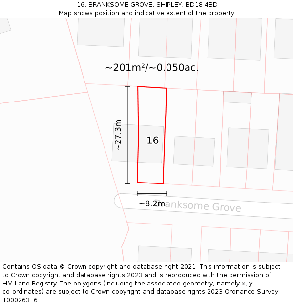 16, BRANKSOME GROVE, SHIPLEY, BD18 4BD: Plot and title map