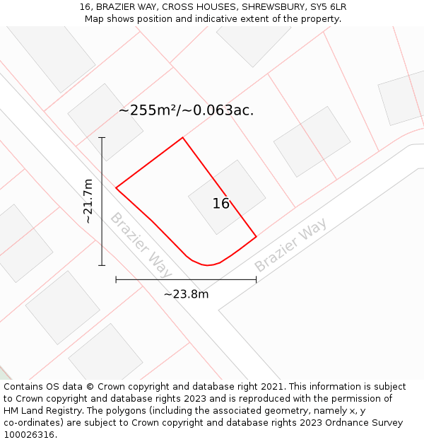 16, BRAZIER WAY, CROSS HOUSES, SHREWSBURY, SY5 6LR: Plot and title map